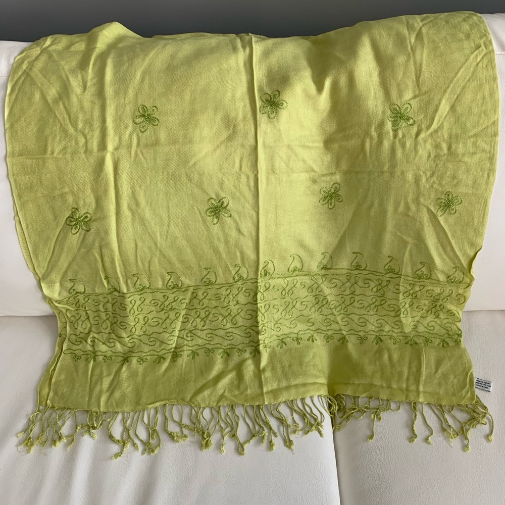 Coldwater Creek Embroidered Spring Green Scarf with Fringe. Soft rayon.